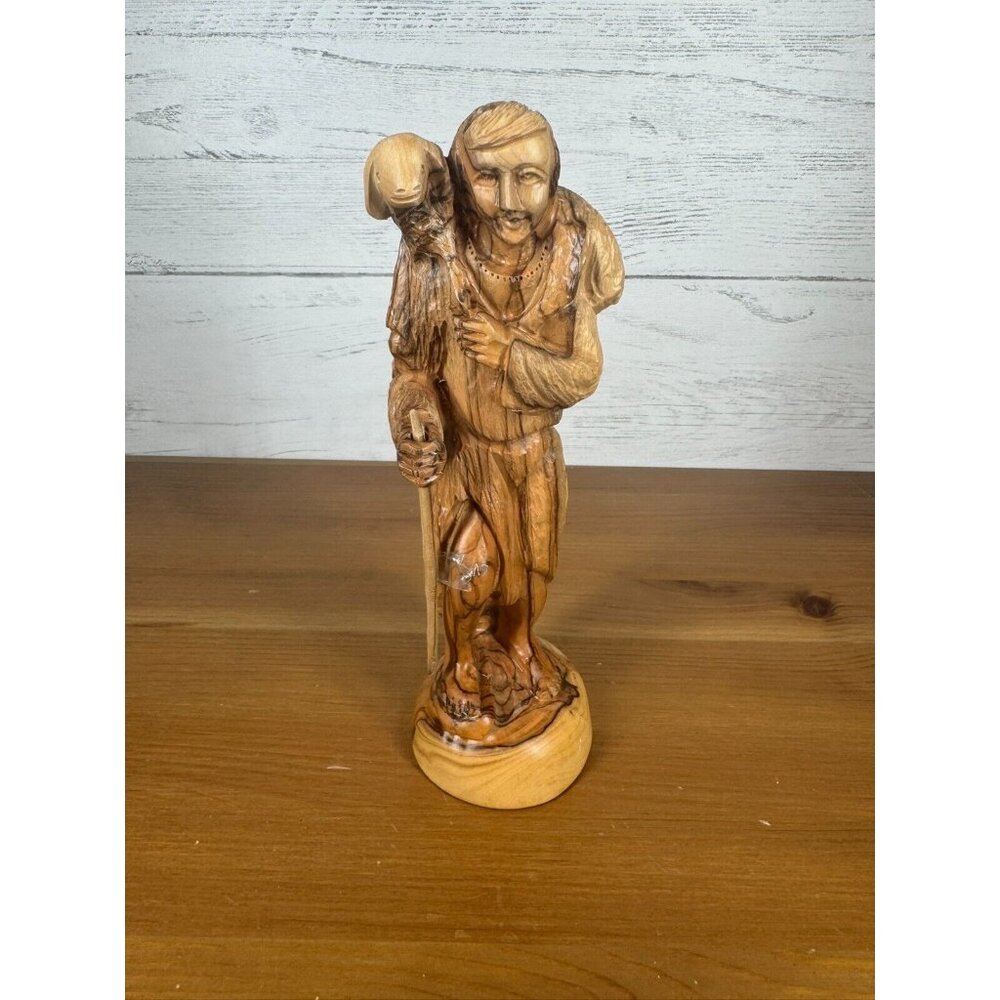 Hand Carved Figurine The Good Shepherd Olive Wood Handmade Bethlehem 8.75"